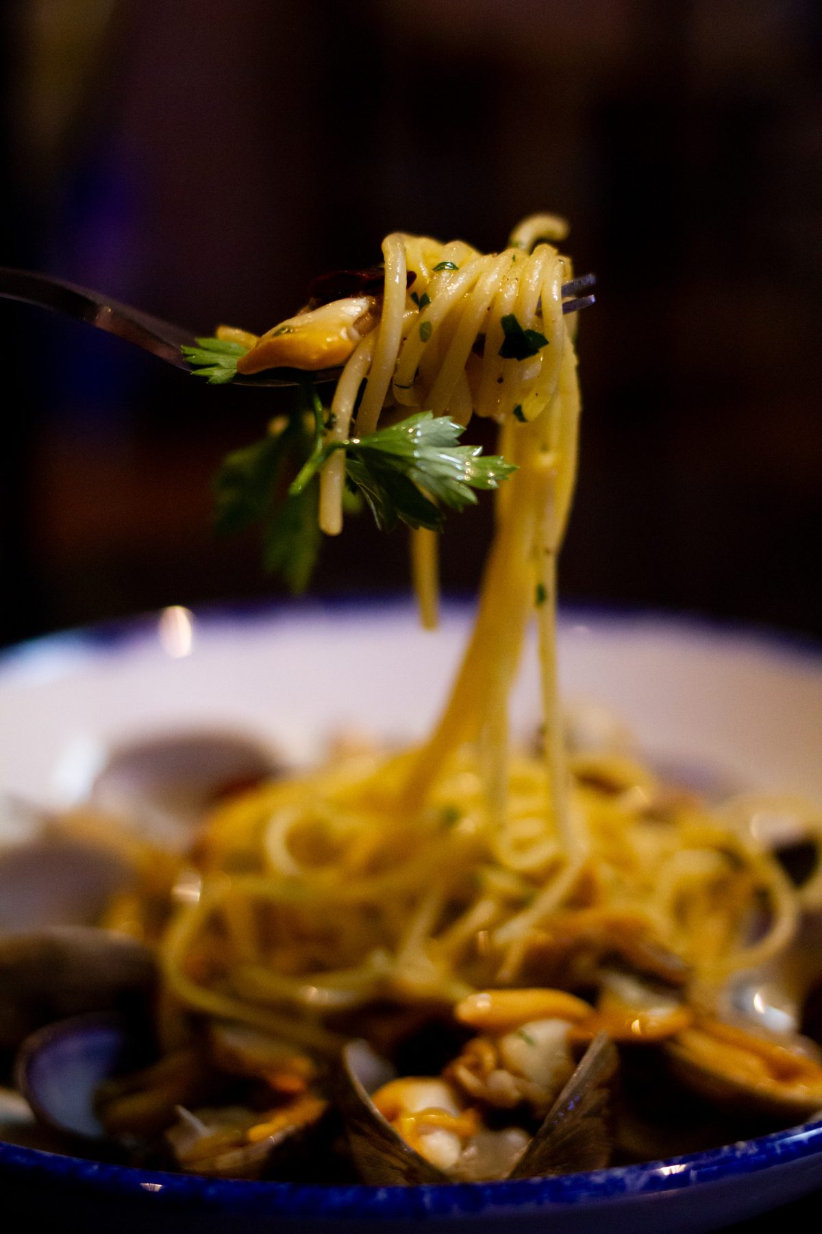 Spaghetti alle vongole twirled on the fork
